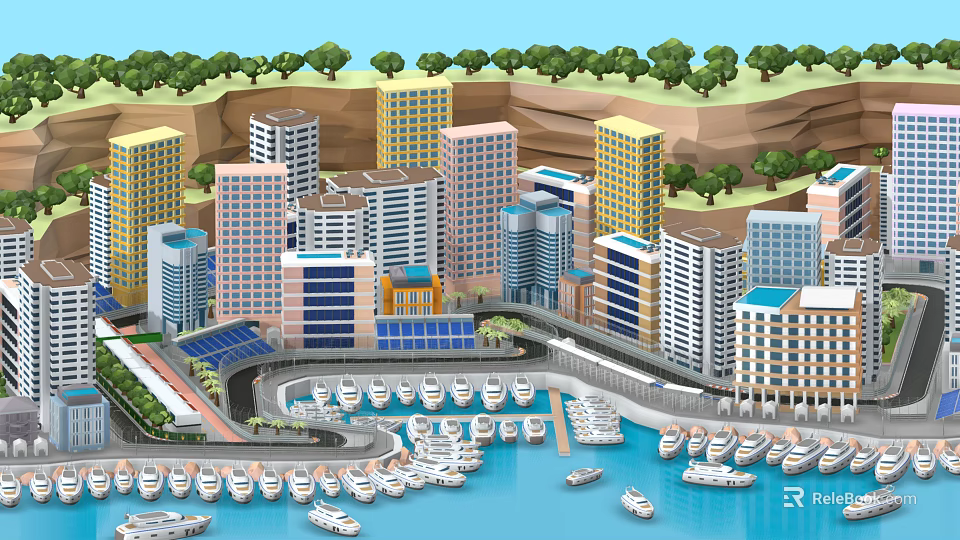 Urban Waterfront Cityscape Featuring Tall Modern Buildings and Moored Yachts 3d model 