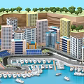 Urban Waterfront Cityscape Featuring Tall Modern Buildings and Moored Yachts