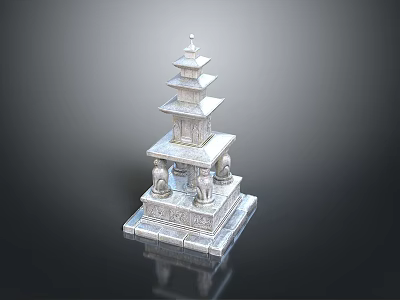 Silver Multi Tiered Pagoda Tower With Decorative Base And Intricate Carvings 3d model