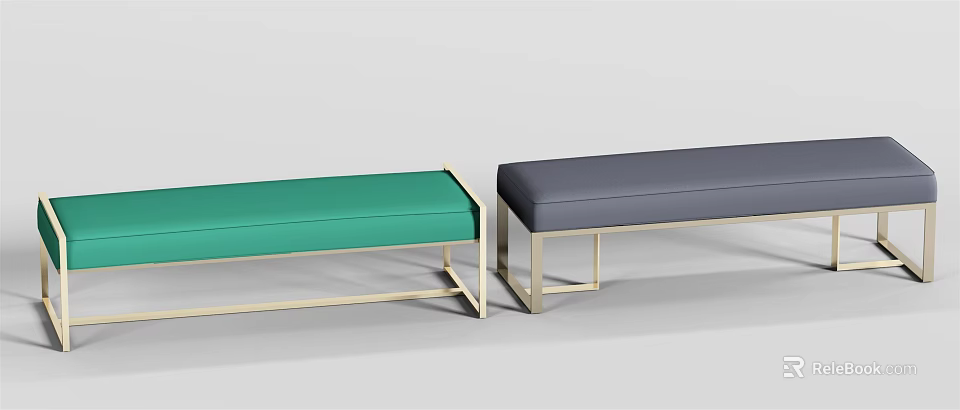 Modern Upholstered Sofa Bench With Green Gray Cushions And Gold Metal Frame 3d model 