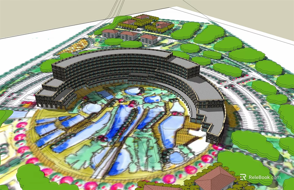 Circular Office Building Design With Landscaped Gardens Water Features And Pathways 3d model