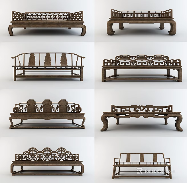 Classical Chinese Daybed Featuring Intricate Carvings And Wooden Structure Designs 3d model 