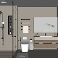 Modern Bathroom Interior With Glass Shower White Toilet Vanity Mirror And Potted Plant