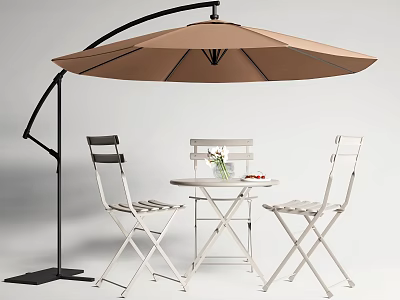 White Outdoor Chairs With Curved Umbrella Round Table Vase And Flowers For Garden 3d model