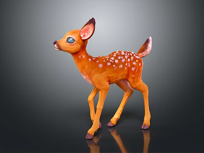 Orange Fawn with White Spots Big Ears and Blue Eyes Standing on Black Background 3d model
