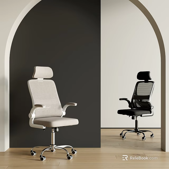Modern Office Chairs With Mesh Backrest Armrests And Metal Base On Arched Background 3d model 