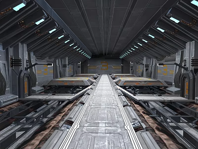 Cartoon Style Futuristic Sci-Fi Interior Corridor With Metallic Structures Illuminated Strip Lights And Symmetrical Layout 3d model