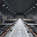 Cartoon Style Futuristic Sci-Fi Interior Corridor With Metallic Structures Illuminated Strip Lights And Symmetrical Layout