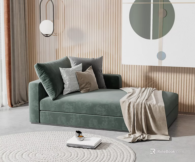 Modern Green Velvet Chaise Lounge With Plush Pillows Throw Blanket Wooden Wall And Circular Art 3d model 