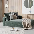 Modern Green Velvet Chaise Lounge With Plush Pillows Throw Blanket Wooden Wall And Circular Art