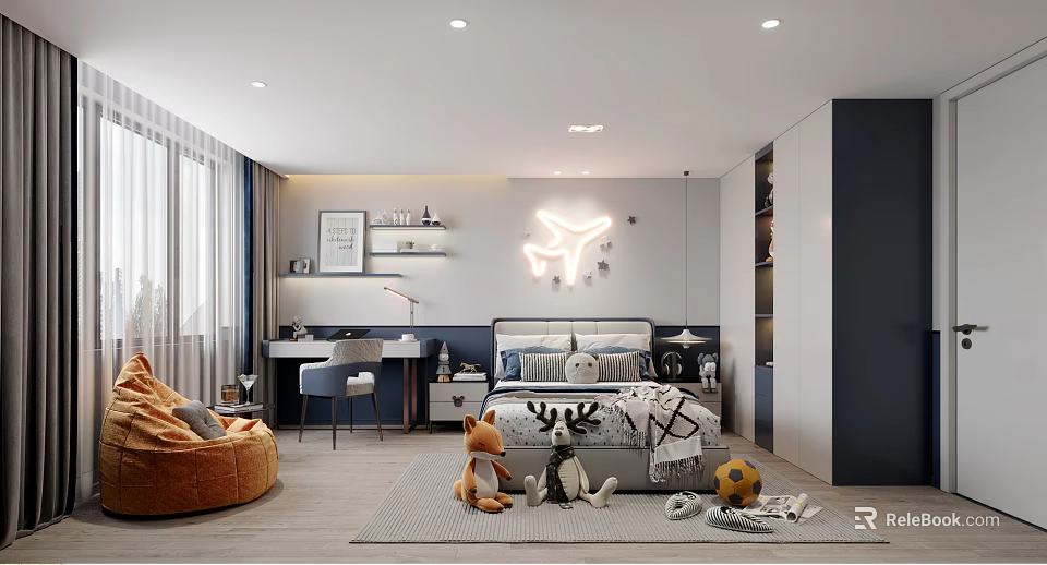 Modern Kids Room Interior With Airplane Light Bed Desk And Stuffed Toys 3d model 