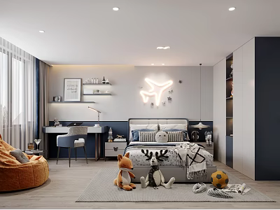 Modern Kids Room Interior With Airplane Light Bed Desk And Stuffed Toys 3d model