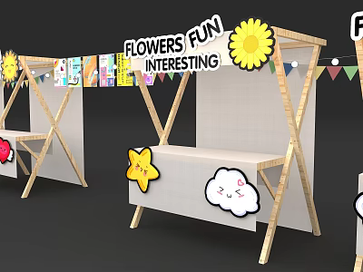 Decorative Market Stall with Flowers Fun Interesting Banner Sunflower Star Cloud Stickers and Wooden Structure 3d model