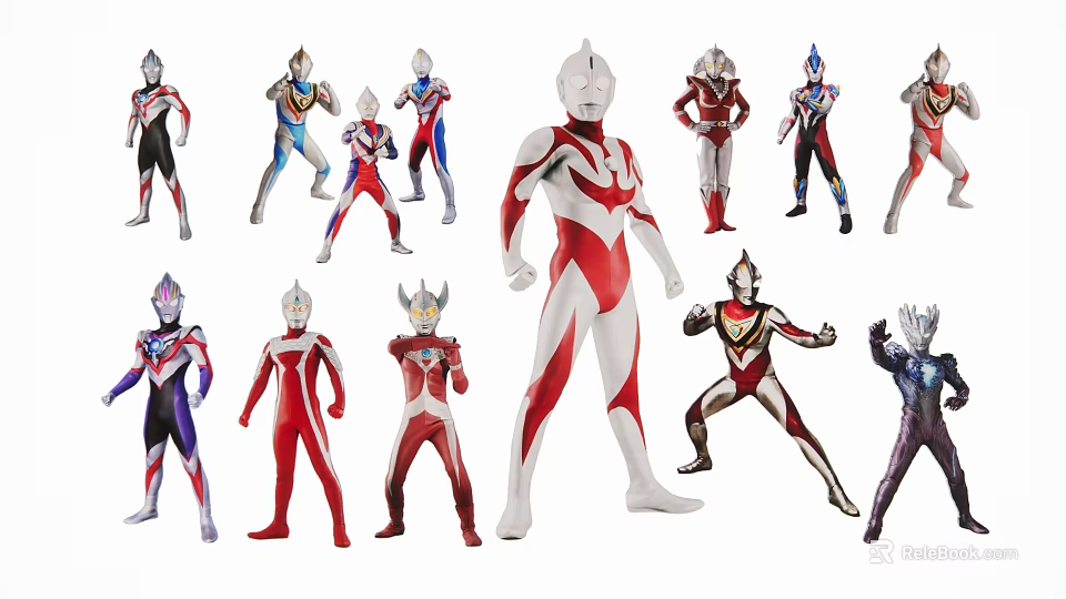 Multiple Ultraman Characters in Colorful Suits with Dynamic Poses on White Background 3d model 