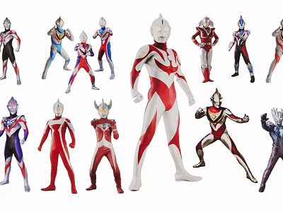 Multiple Ultraman Characters in Colorful Suits with Dynamic Poses on White Background 3d model