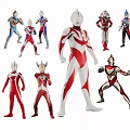 Multiple Ultraman Characters in Colorful Suits with Dynamic Poses on White Background
