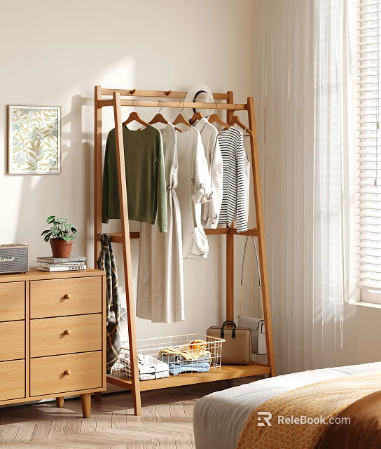 Wooden Clothes Rack with Hanging Clothes Drawer Chest Potted Plant Books Basket and Window Blinds 3d model 