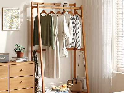 Wooden Clothes Rack with Hanging Clothes Drawer Chest Potted Plant Books Basket and Window Blinds 3d model