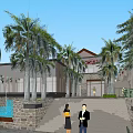 Scenic Clubhouse Featuring Modern Buildings Water Ponds Lush Palm Trees and Courtyard