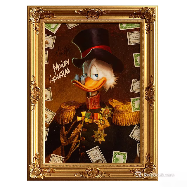 Newly Rich Oil Painting Featuring Duck Wearing Top Hat Military Uniform Medals Banknotes Golden Frame 3d model 