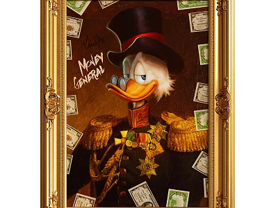 Newly Rich Oil Painting Featuring Duck Wearing Top Hat Military Uniform Medals Banknotes Golden Frame 3d model
