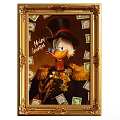 Newly Rich Oil Painting Featuring Duck Wearing Top Hat Military Uniform Medals Banknotes Golden Frame