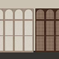 Two Wooden Wardrobes With Light Colored Arched Panels Vertical Stripes And Dark Colored Grid Patterns