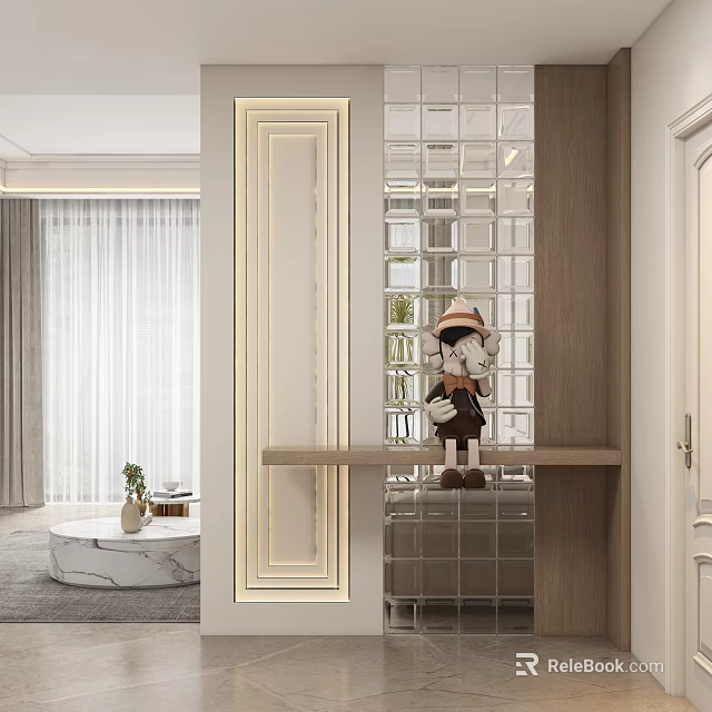 Modern Entryway Hallway Design With Glass Partition Wooden Shelf Decorative Figurine And Ambient Lighting 3d model 