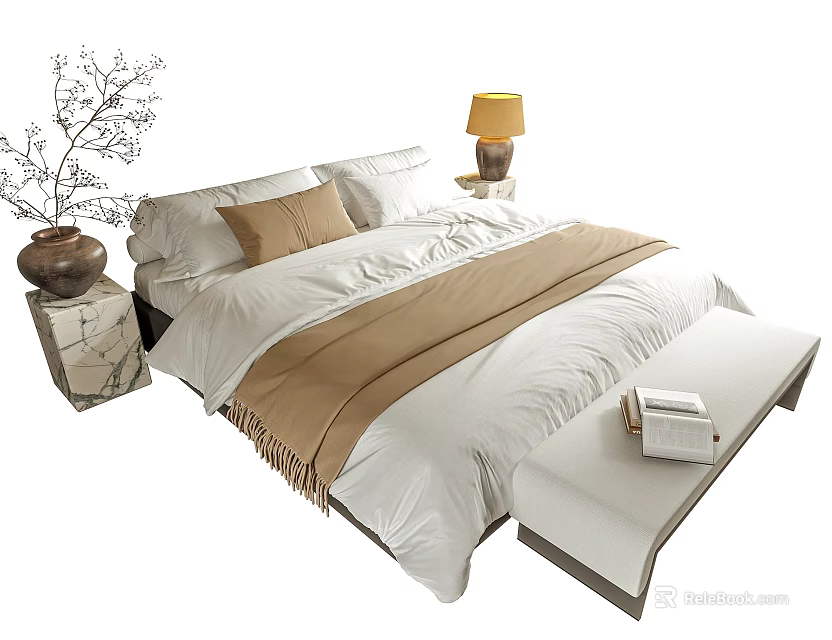 Elegant Double Bed With White Bedding Brown Throw Blanket Bedside Table Lamp And Bench 3d model