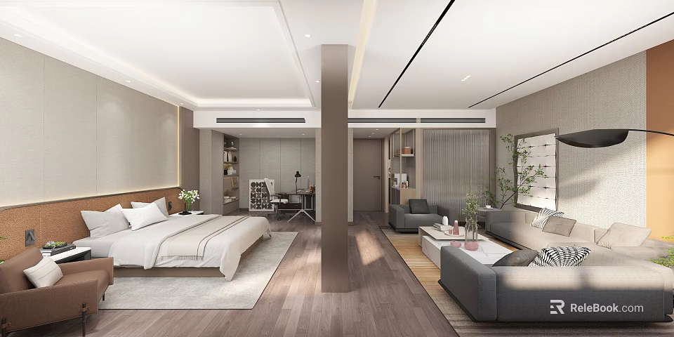 Modern Hotel Guest Room Interior With Bed Sofa Area Writing Desk And Potted Plant 3d model 