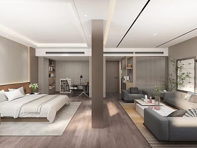 Modern Hotel Guest Room Interior With Bed Sofa Area Writing Desk And Potted Plant 3d model