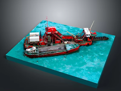 Detailed Red Dredger Model Showcased On Blue Water Platform With Machinery 3d model