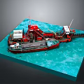Detailed Red Dredger Model Showcased On Blue Water Platform With Machinery