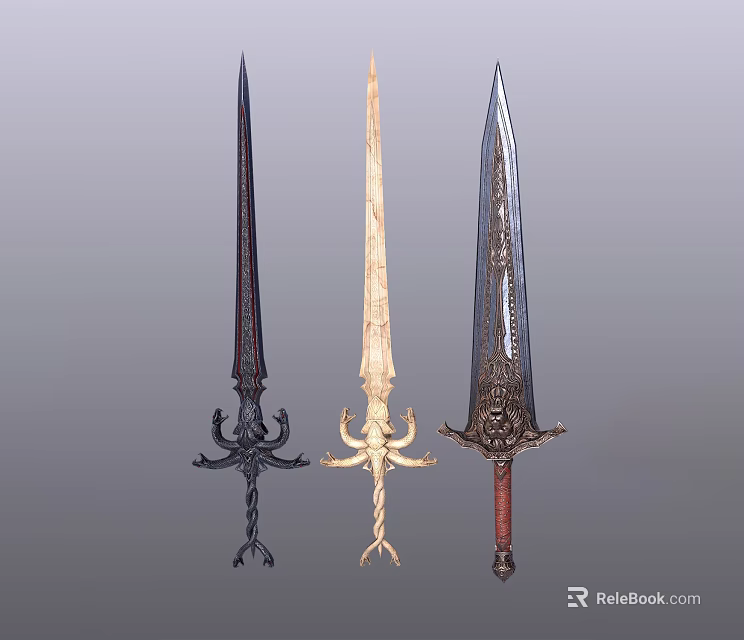 Three Ornate Decorative Swords With Spiral Carved Handles And Engraved Metallic Blades 3d model 