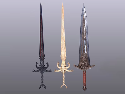 Three Ornate Decorative Swords With Spiral Carved Handles And Engraved Metallic Blades 3d model