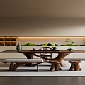 Natural Serene Tea Room Interior With Long Wooden Table Wooden Bench And Green Plants