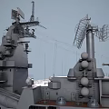 Naval Warship Sailing on Ocean Waves With Military Deck and Equipment