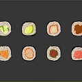 Assorted Sushi Rolls With Fresh Vegetables And Colorful Fillings On Black Background