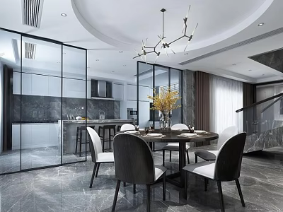 Modern Open Restaurant Interior With Dining Table Chairs Glass Partition And Chandelier 3d model