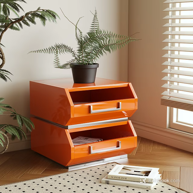 Orange Bedside Table with Two Drawers Potted Plant near Window Blinds Wooden Floor 3d model 