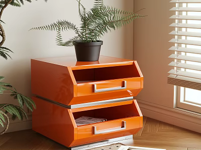 Orange Bedside Table with Two Drawers Potted Plant near Window Blinds Wooden Floor 3d model