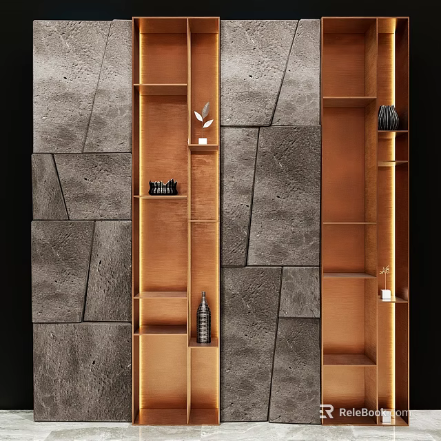 Gray Textured Wall With Layered Wooden Bookshelves In Minimalist Interior Design 3d model 
