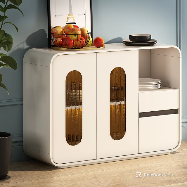 White Sideboard with Golden Glass Doors Topped with Fruit Basket Plates and Bowl 3d model 