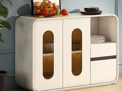 White Sideboard with Golden Glass Doors Topped with Fruit Basket Plates and Bowl 3d model