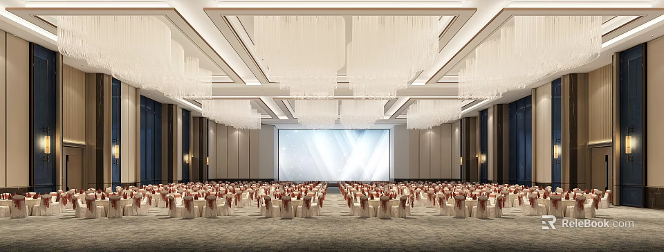 Elegant Banquet Hall With Large Chandeliers Projection Screen And Neatly Arranged Tables And Chairs 3d model 