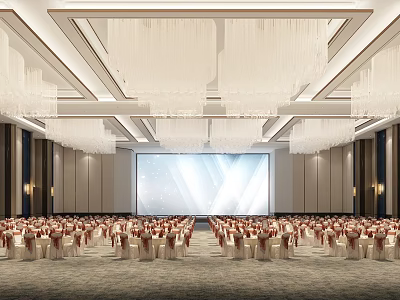 Elegant Banquet Hall With Large Chandeliers Projection Screen And Neatly Arranged Tables And Chairs 3d model
