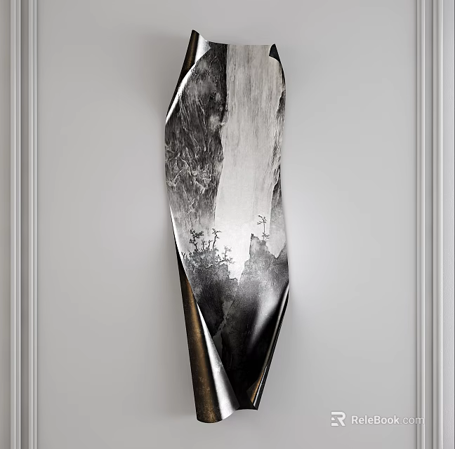 Elegant Modern Wall Decor with Mountain Water Landscape Pattern and Metal Frame 3d model