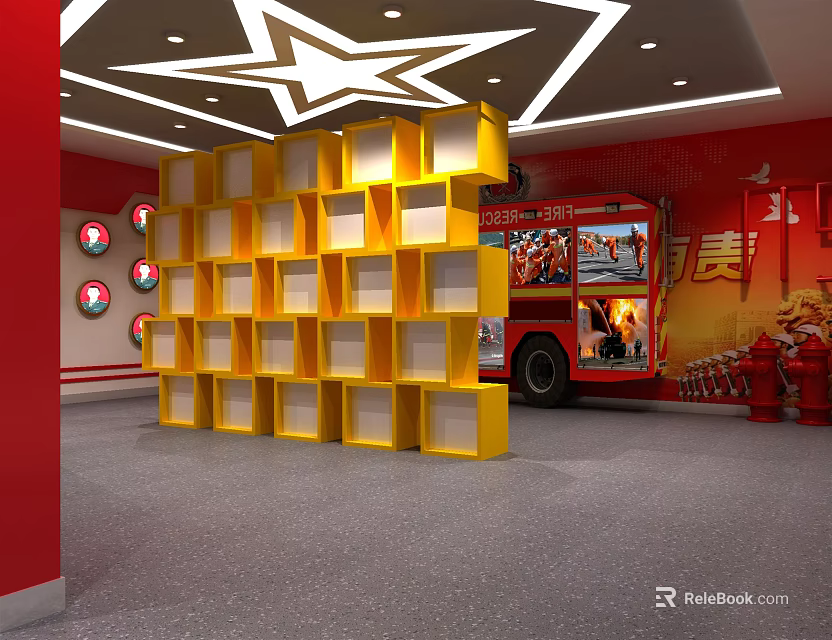 Display Area With Yellow Lattice Shelves Red Wall And Fire Truck Model Star Ceiling Decoration 3d model 