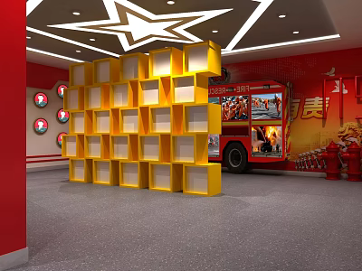 Display Area With Yellow Lattice Shelves Red Wall And Fire Truck Model Star Ceiling Decoration 3d model