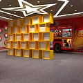 Display Area With Yellow Lattice Shelves Red Wall And Fire Truck Model Star Ceiling Decoration
